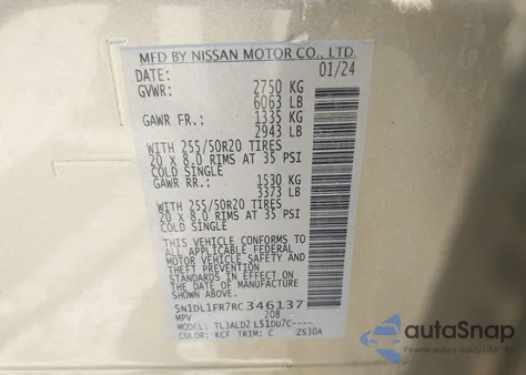 2024 Infiniti Qx60 Luxe z USA, uszkodzony, nr VIN 5N1DL1FR7RC346137